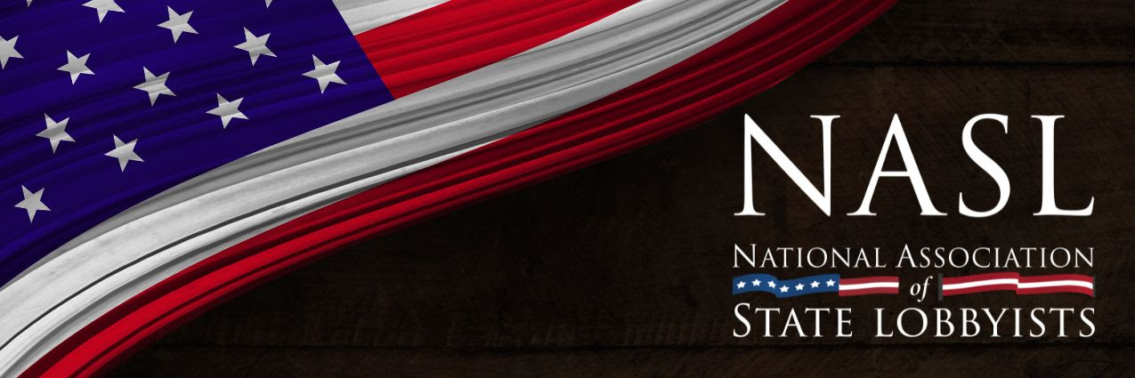 A stylized U.S. flag waves across the top left corner on a dark background. Text on the right reads NASL National Association of State Lobbyists with small American flag graphics.