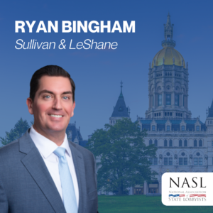 A man in a suit smiles in front of a historic building with a gold dome. Text reads RYAN BINGHAM, Sullivan & LeShane. The NASL (National Association of State Lobbyists) logo appears in the bottom right corner.